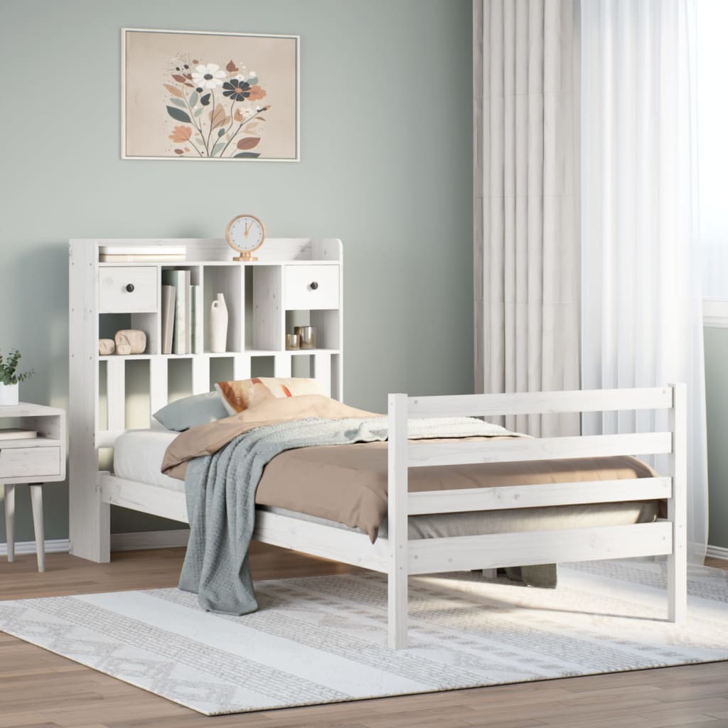 Lit Bibliothèque Sans Matelas Blanc 75X190Cm Bois De Pin Massif