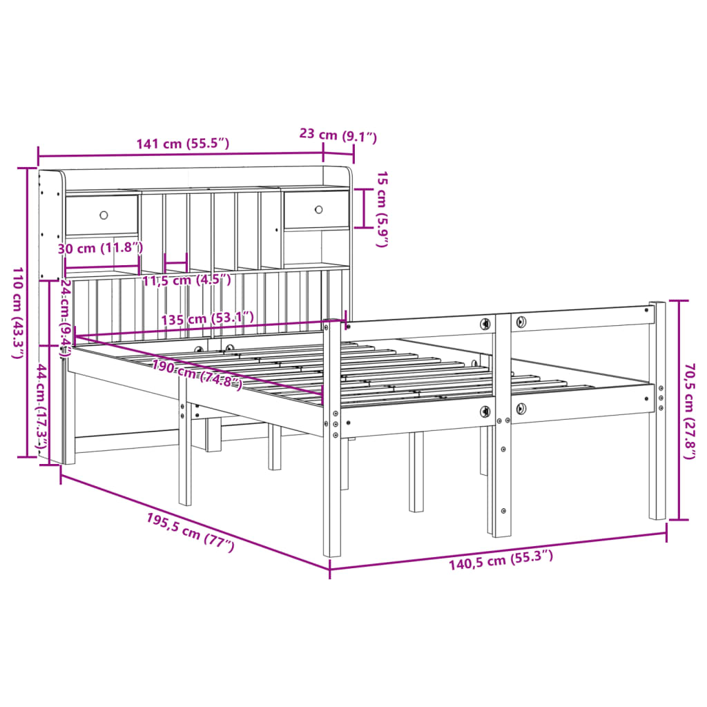 Lit Bibliothèque Sans Matelas Blanc 135X190 Cm Bois Pin Massif