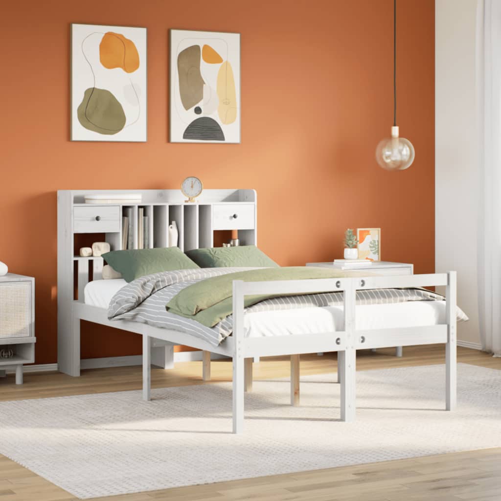 Lit Bibliothèque Sans Matelas Blanc 135X190 Cm Bois Pin Massif