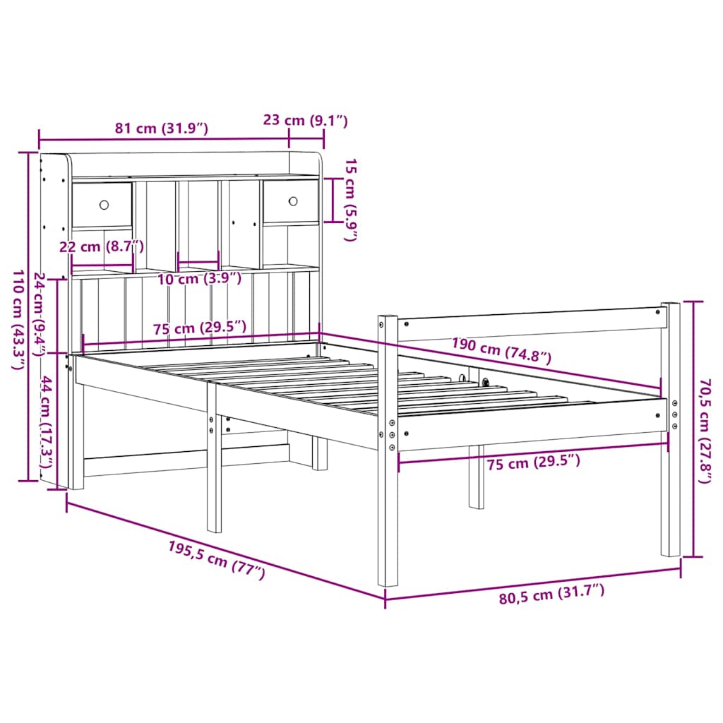 Lit Bibliothèque Sans Matelas Cire Marron 75X190 Cm Pin Massif