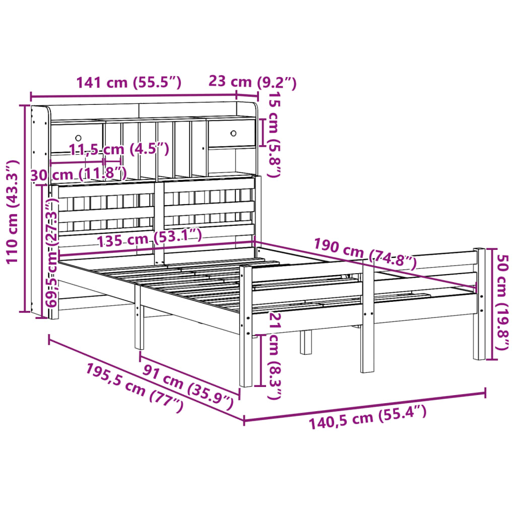 Lit Bibliothèque Sans Matelas 135X190 Cm Bois De Pin Massif