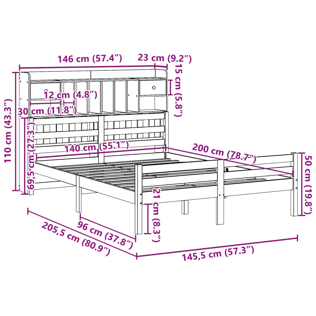 Lit Bibliothèque Sans Matelas Blanc 140X200 Cm Bois Pin Massif