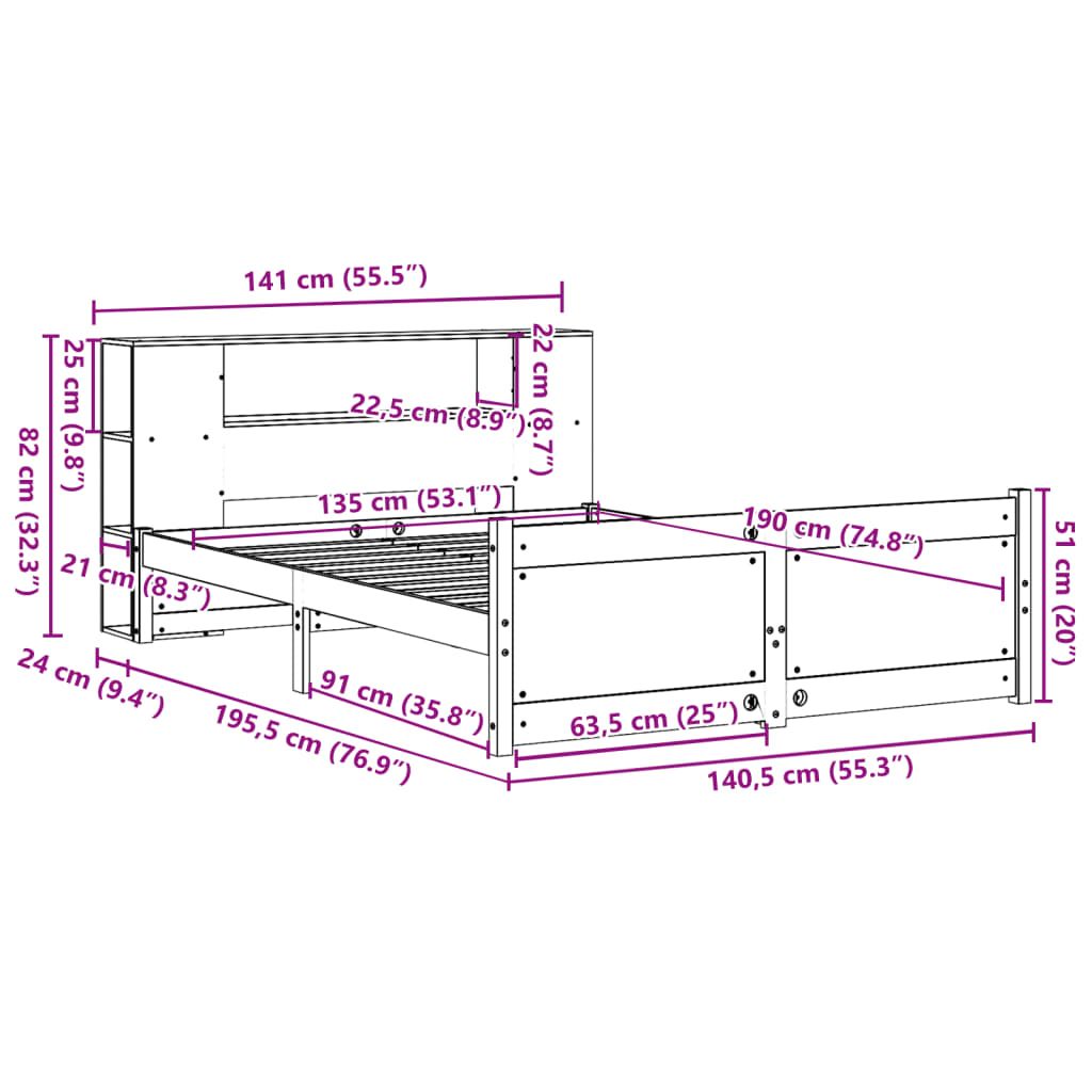 Lit Bibliothèque Sans Matelas 135X190 Cm Bois De Pin Massif