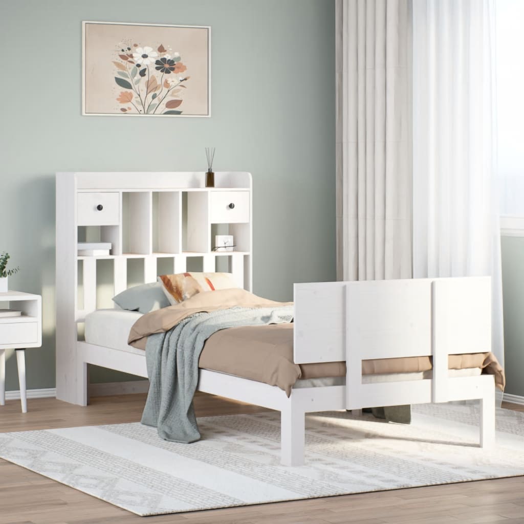 Lit Bibliothèque Sans Matelas Blanc 90X190Cm Bois De Pin Massif