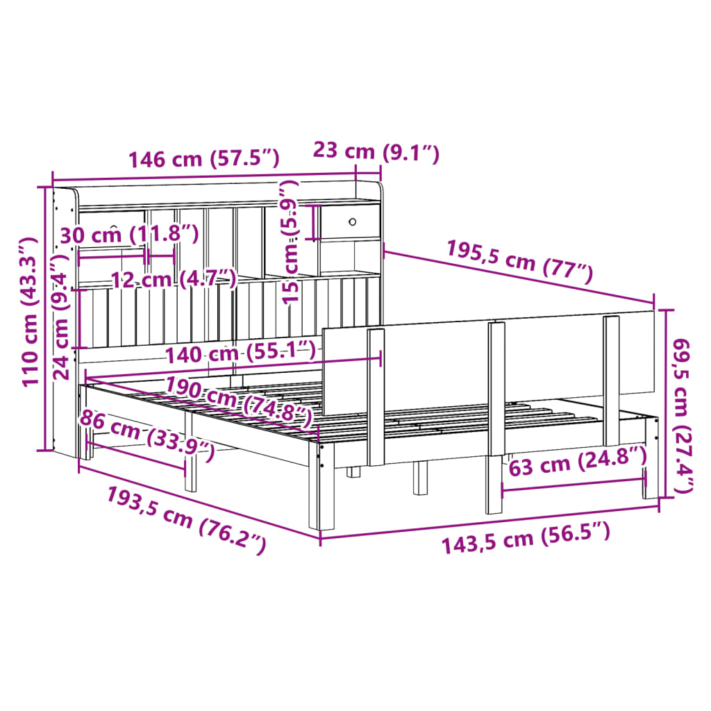Lit Bibliothèque Sans Matelas Blanc 140X190 Cm Bois Pin Massif