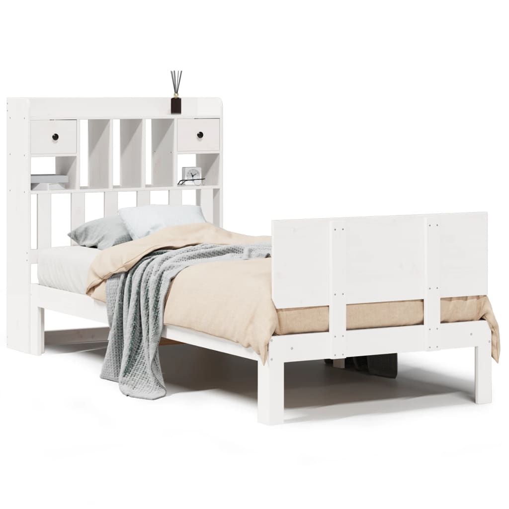 Lit Bibliothèque Sans Matelas Blanc 90X200Cm Bois De Pin Massif