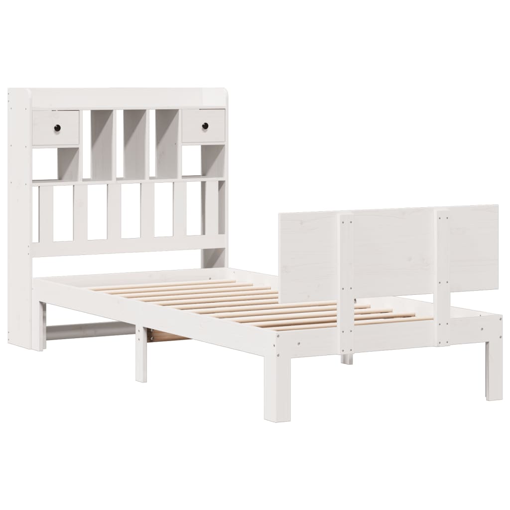 Lit Bibliothèque Sans Matelas Blanc 90X200Cm Bois De Pin Massif