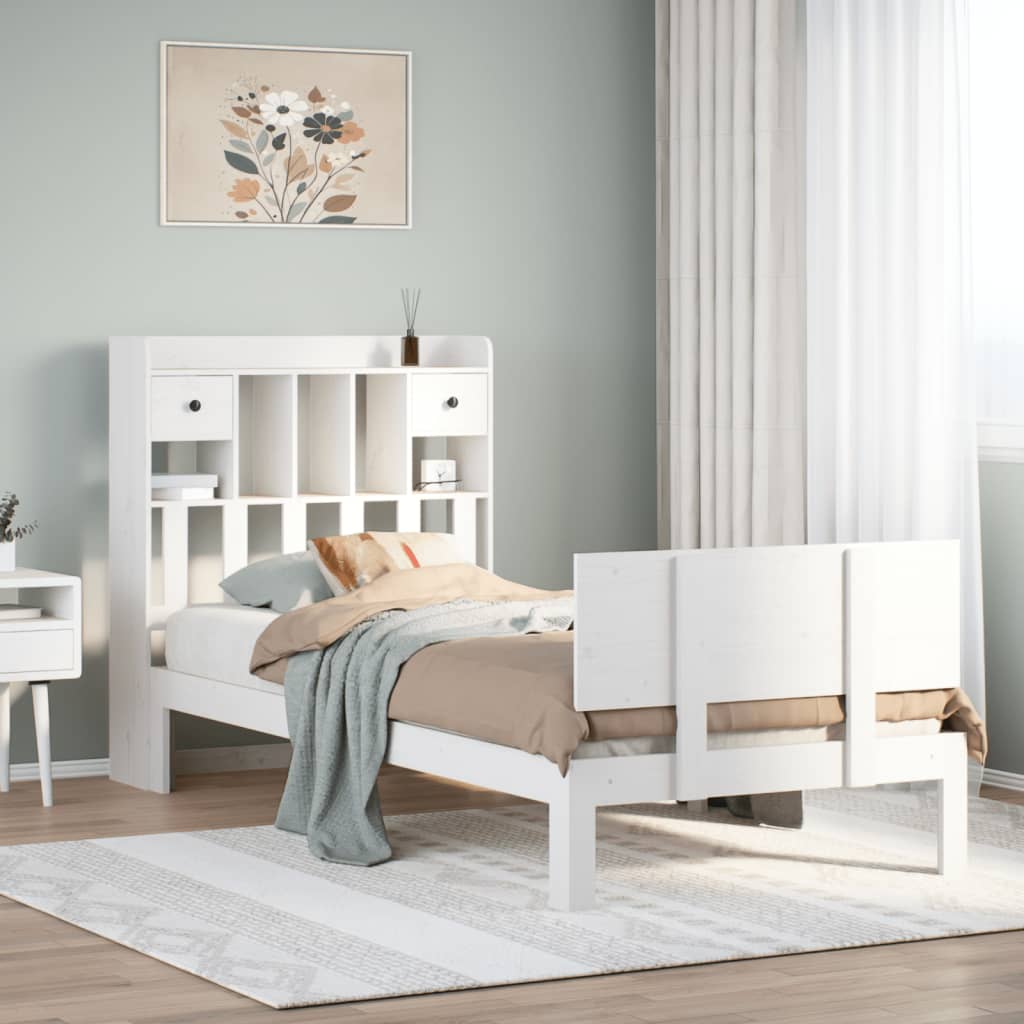 Lit Bibliothèque Sans Matelas Blanc 90X200Cm Bois De Pin Massif