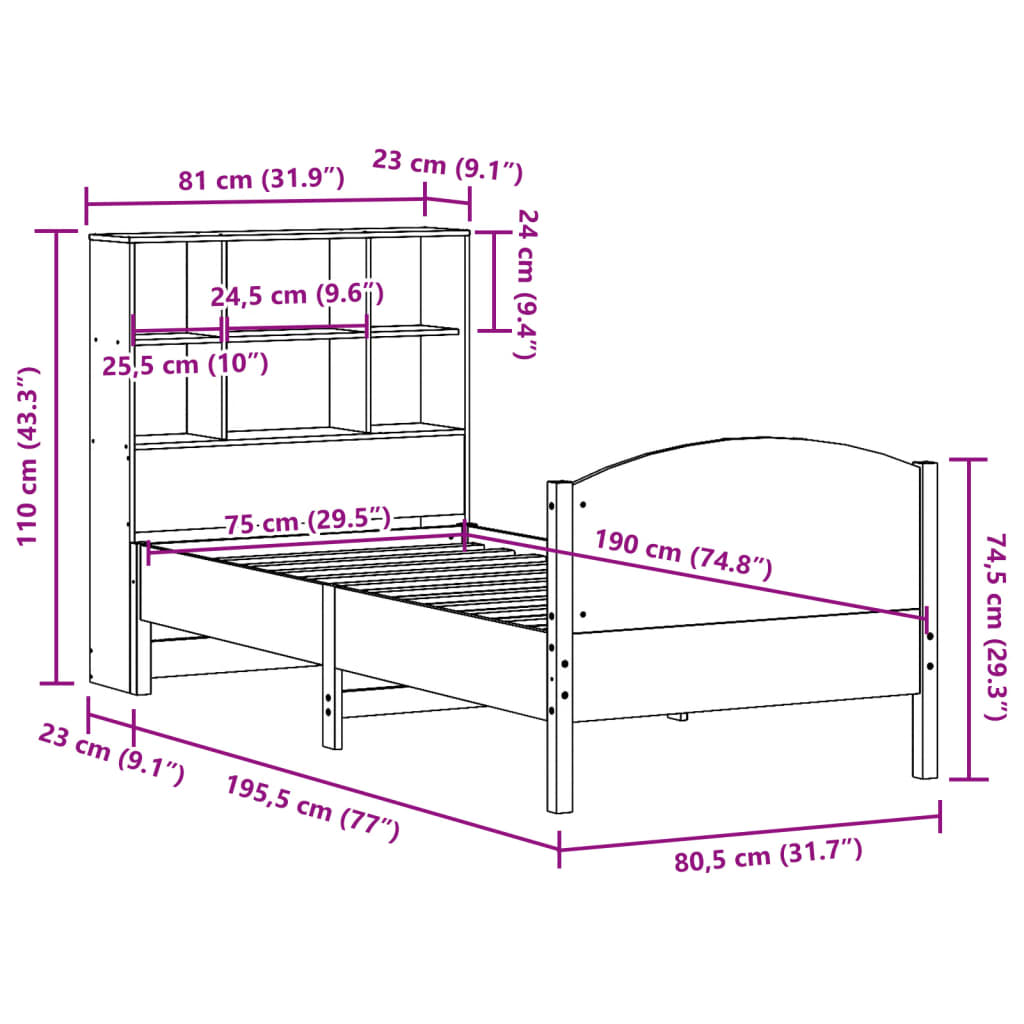 Lit Bibliothèque Sans Matelas Cire Marron 75X190 Cm Pin Massif