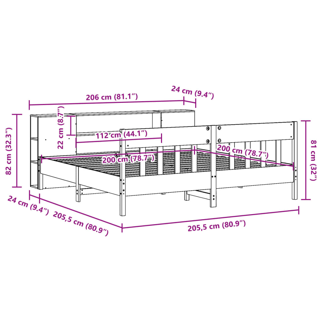 Lit Bibliothèque Sans Matelas Cire Marron 200X200 Cm Pin Massif