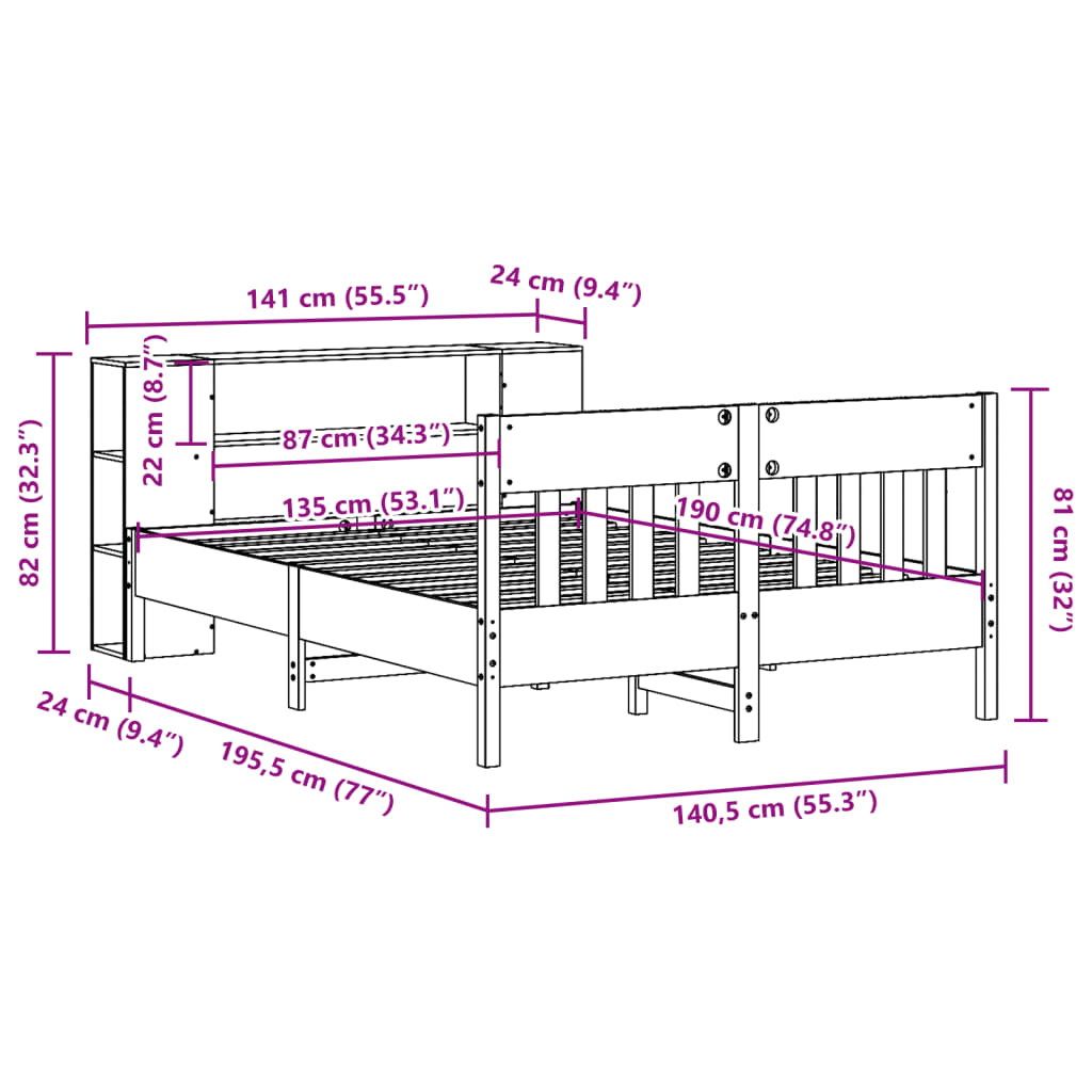 Lit Bibliothèque Sans Matelas Cire Marron 135X190 Cm Pin Massif