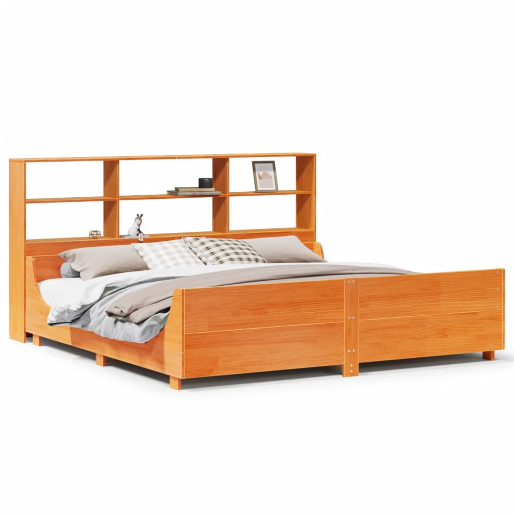 Lit Bibliothèque Sans Matelas Cire Marron 180X200Cm Bois Massif