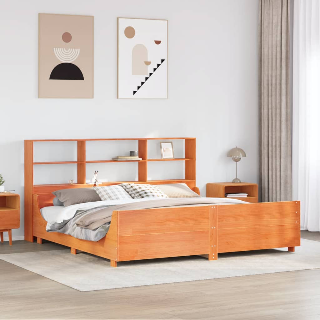 Lit Bibliothèque Sans Matelas Cire Marron 180X200Cm Bois Massif