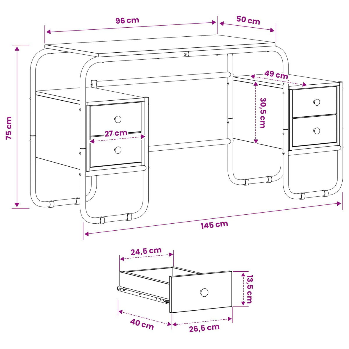 Bureau Avec Rangement 145 X 50 X 75 Cm