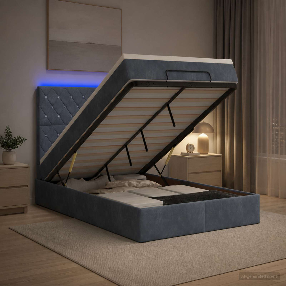 Lit Coffre Avec Matelas Et Led Velours