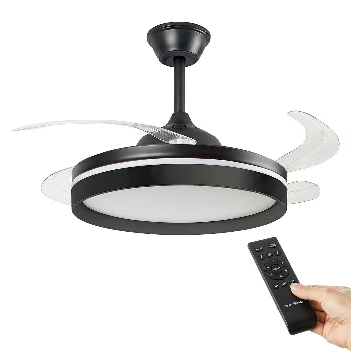 Ventilateur de plafond avec lumière LED, 4 pales rétractables et télécommande InnovaGoods