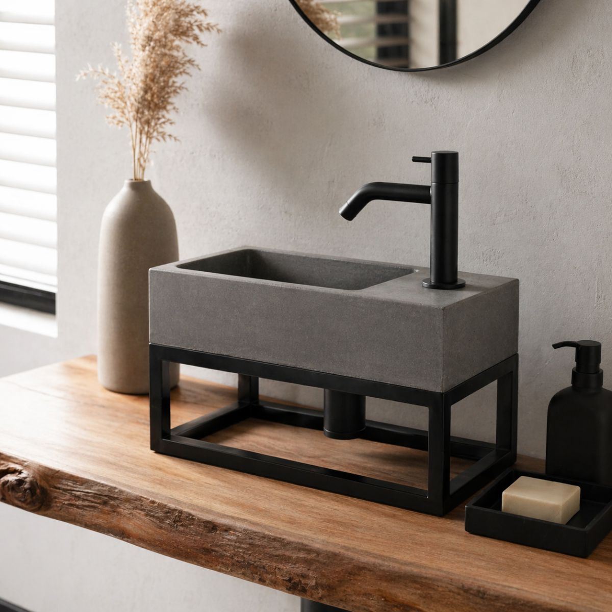 Jukon Fonteinset - Beton Donkergrijs - Kraan Gebogen Mat Zwart - 38.5 X 18.5 X 9 Cm - Met Handdoekrek Zwart