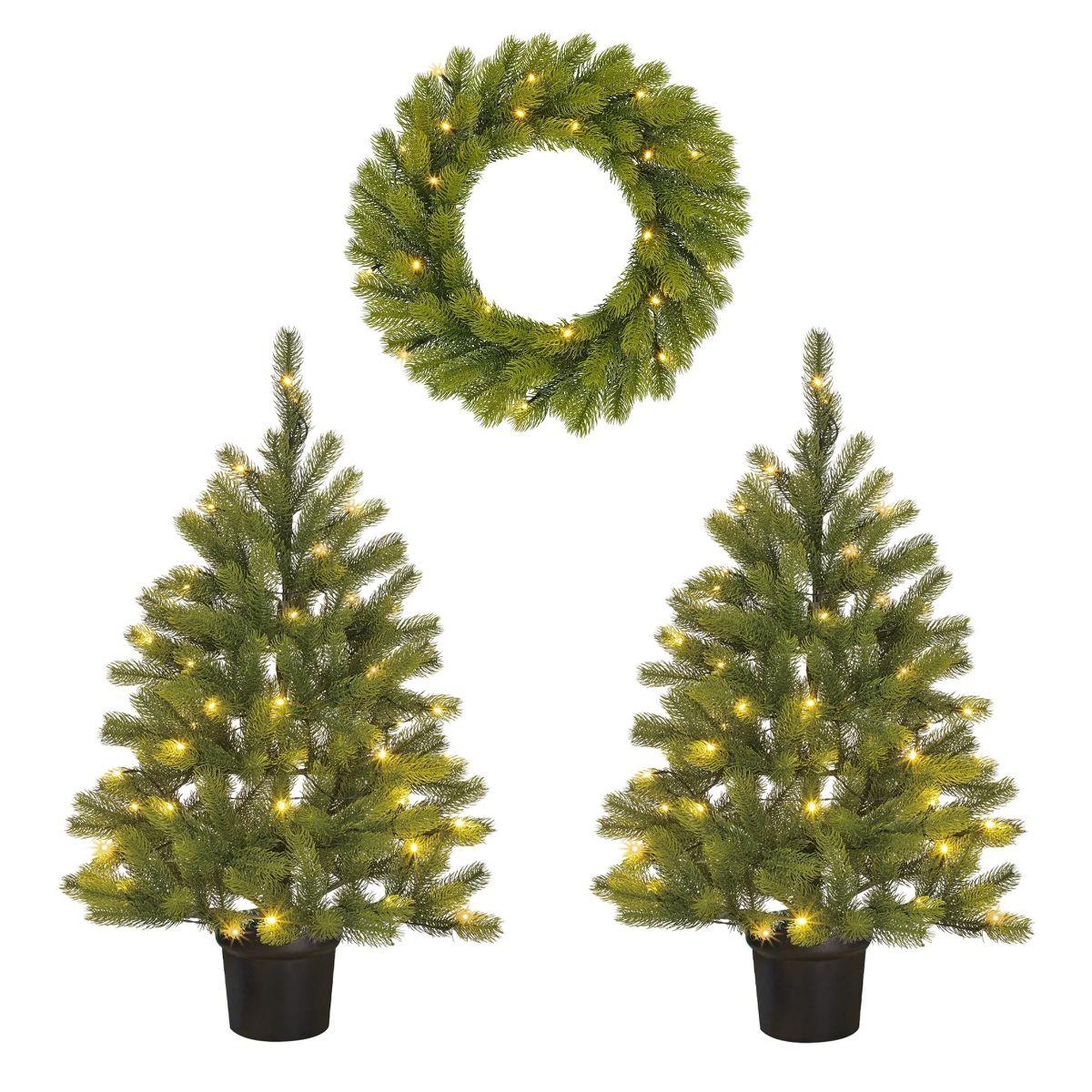 Nagoya Set Of 2 Christmas Trees And 1 Wreath For Outdoor Use With Led Lights And Timer Function - H90 X Ø45 Cm - Green