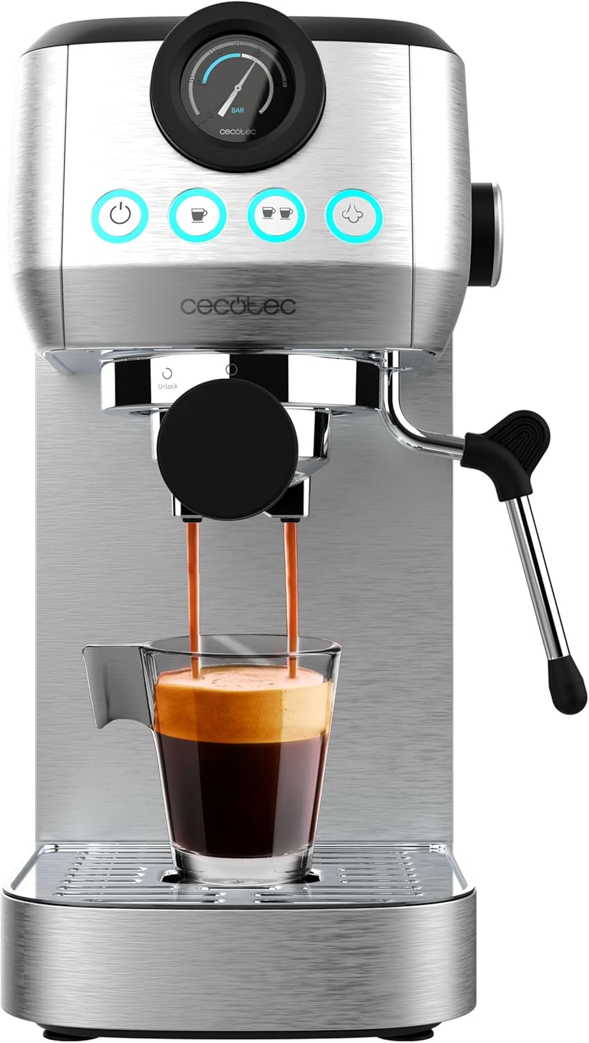 Cecotec Cafetière espresso compacte Power Espresso 20 Steel Pro. 1350 W, 20 Bars, Système Thermoblock, Buse orientable, Porte-filtre avec double sortie et 2 filtres, 1,3 litre