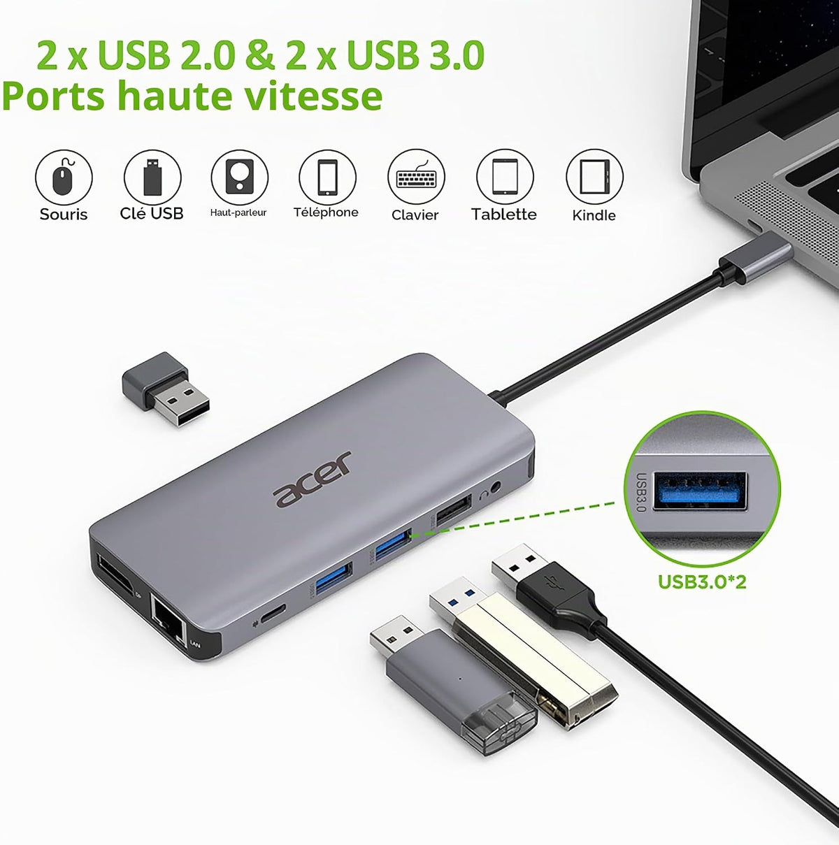 Acer HP.DSCAB.009 Station d'accueil avec Fil USB 3.2 Gen 1 (3.1 Gen 1) Type-C Argent