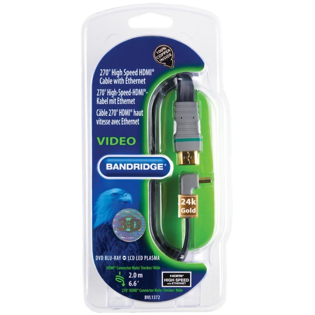 Bandridge Bvl1372 High Speed Hdmi 270 Graden Platte Kabel Verguld 2 M