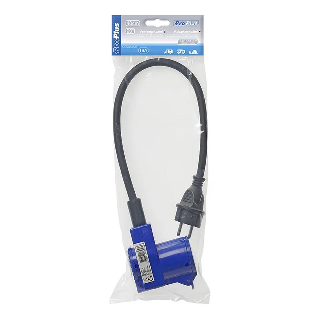 Proplus Verloopkabel 40 Cm Schuko Stekker-Haakse Cee Contrastekker + Schuko Stopcontact Zwart/Blauw