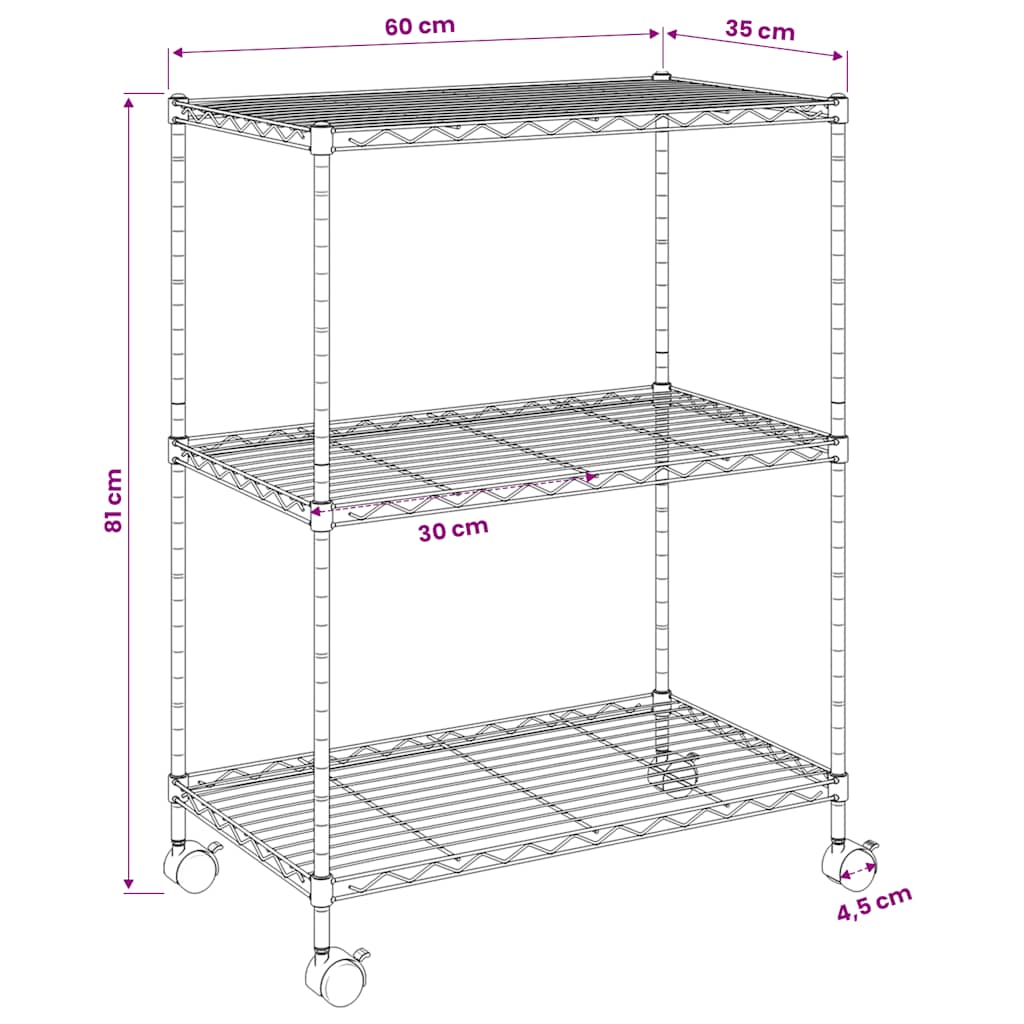 Étagère De Rangement 3 Niveaux Et Roues 60X35X81Cm 150Kg Chrome