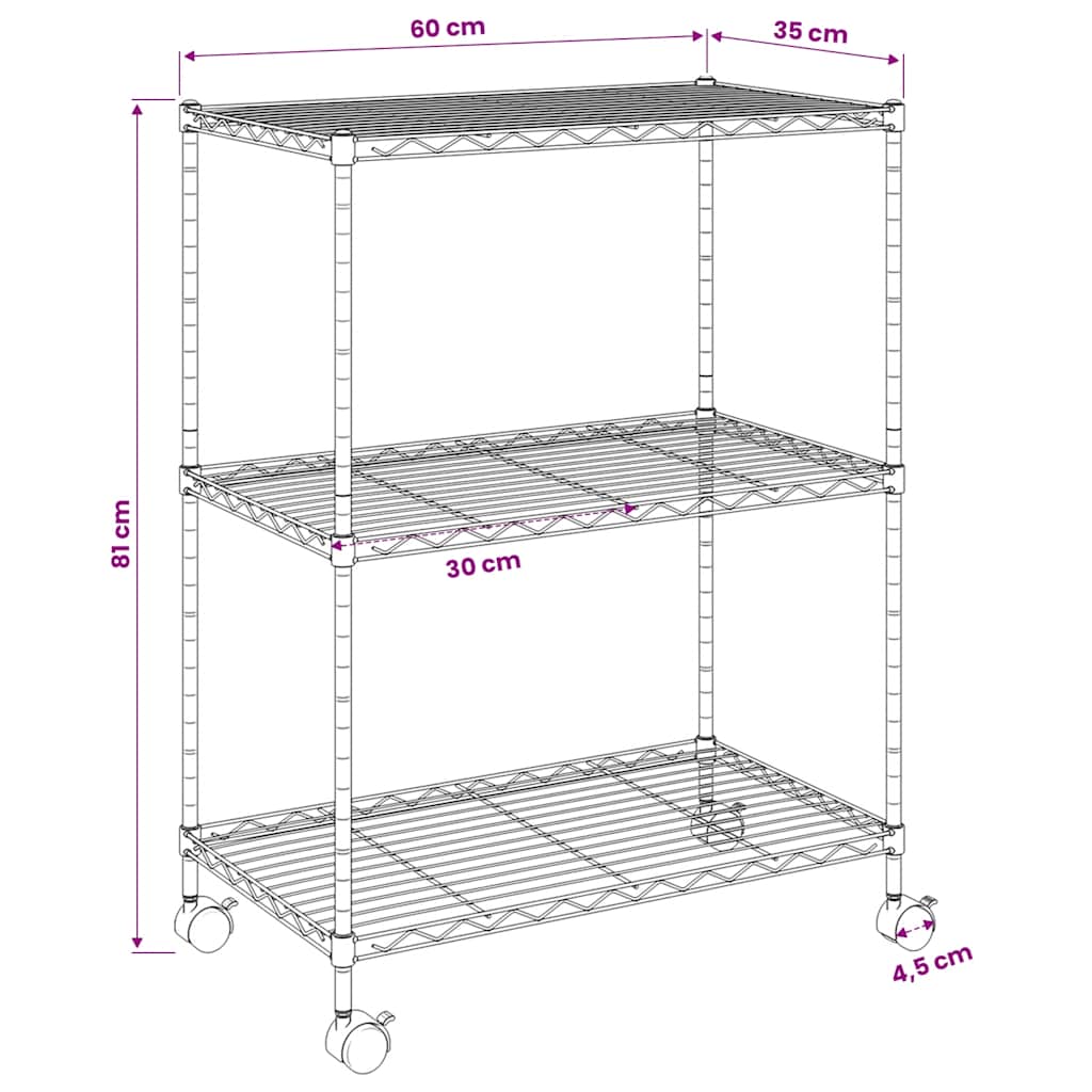 Étagère De Rangement 3 Niveaux Et Roues 150 Kg Noir