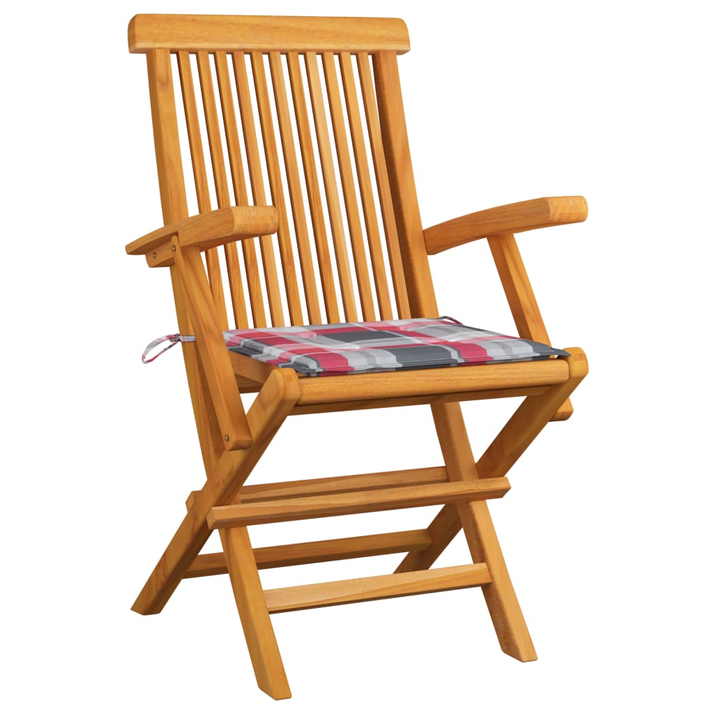 Chaises Pliantes Avec Coussins À Carreaux Rouges (6 Pièces) En Bois De Teck Massif