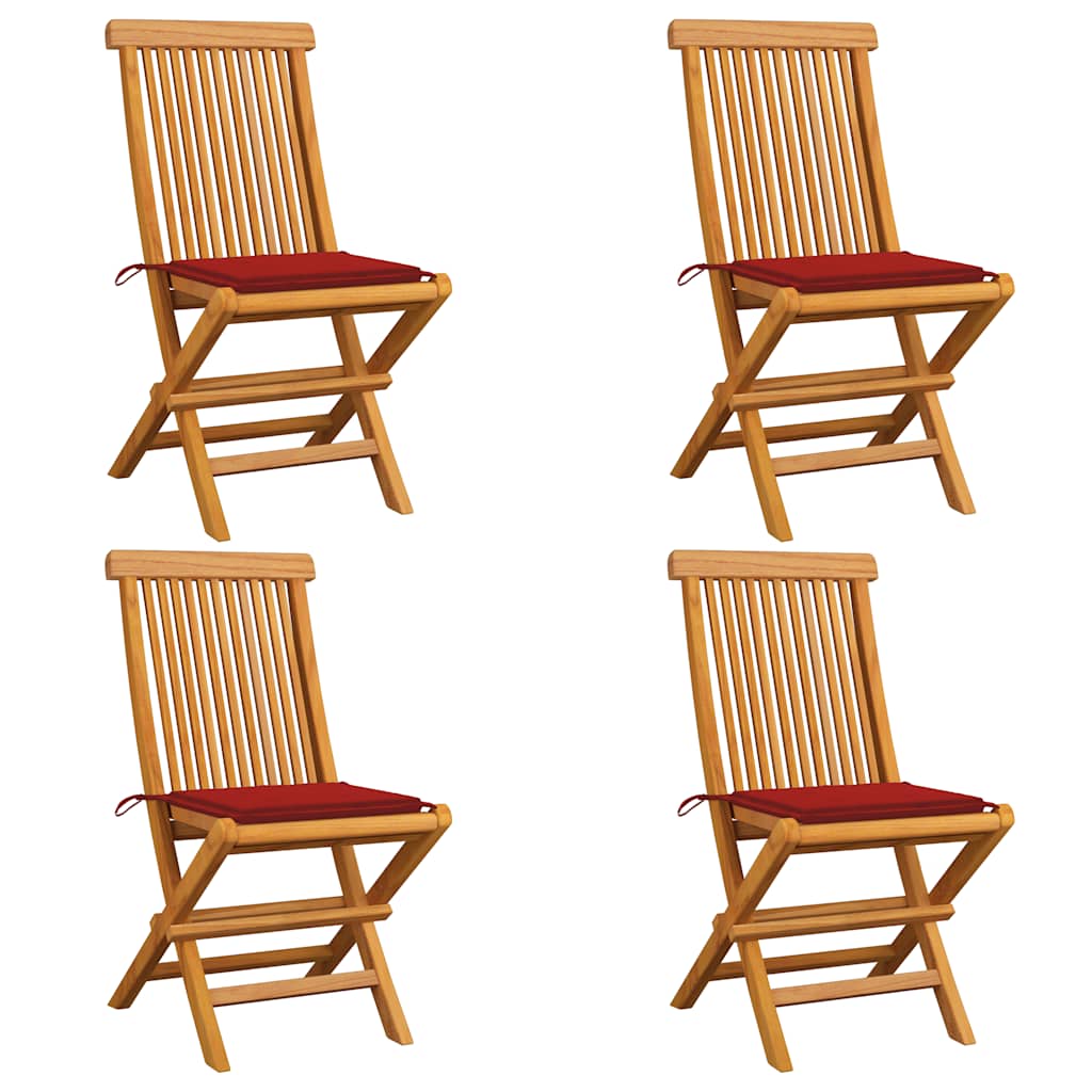 Chaises Pliantes Avec Coussins À Carreaux Rouges (6 Pièces) En Bois De Teck Massif