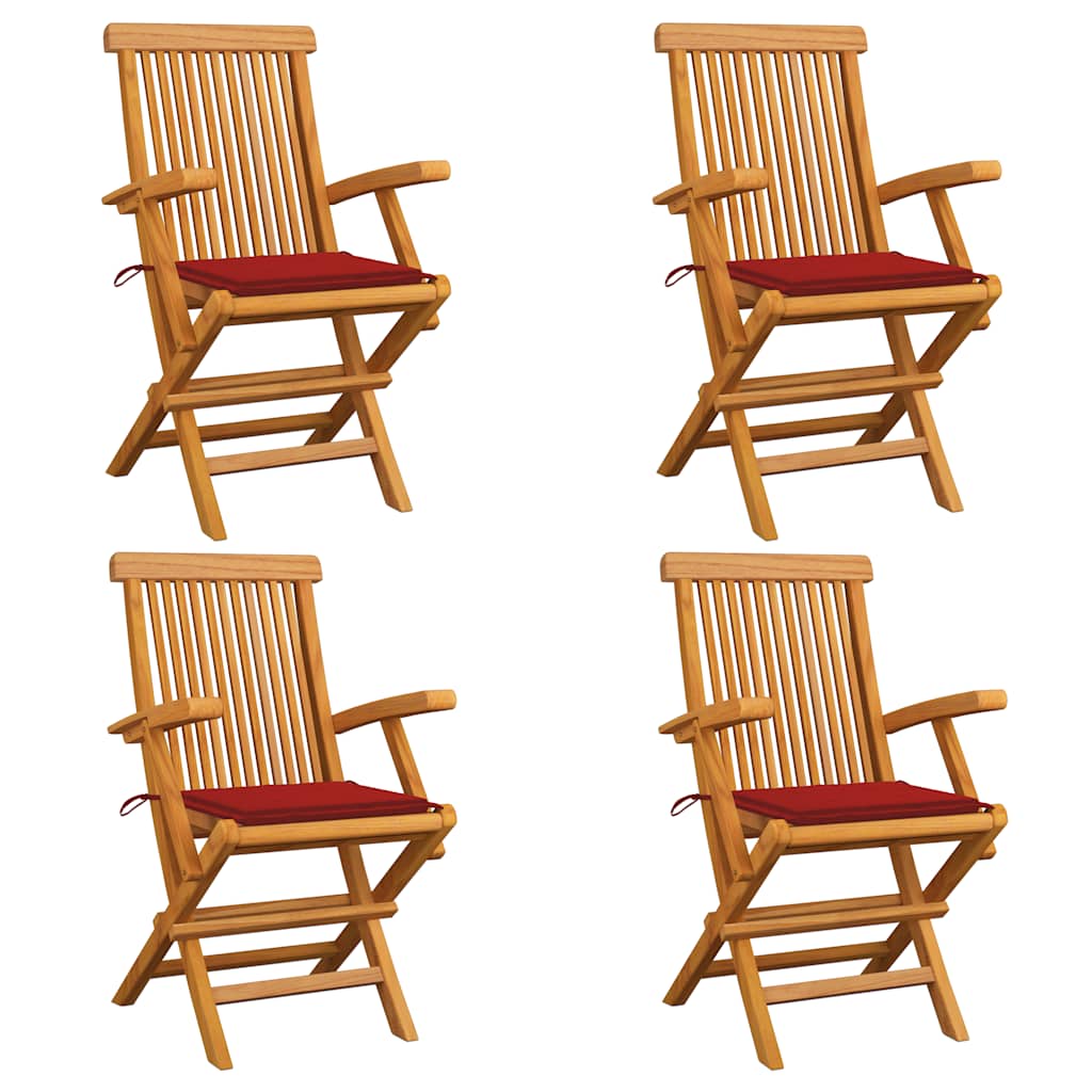 Chaises Pliantes Avec Coussins À Carreaux Rouges (6 Pièces) En Bois De Teck Massif