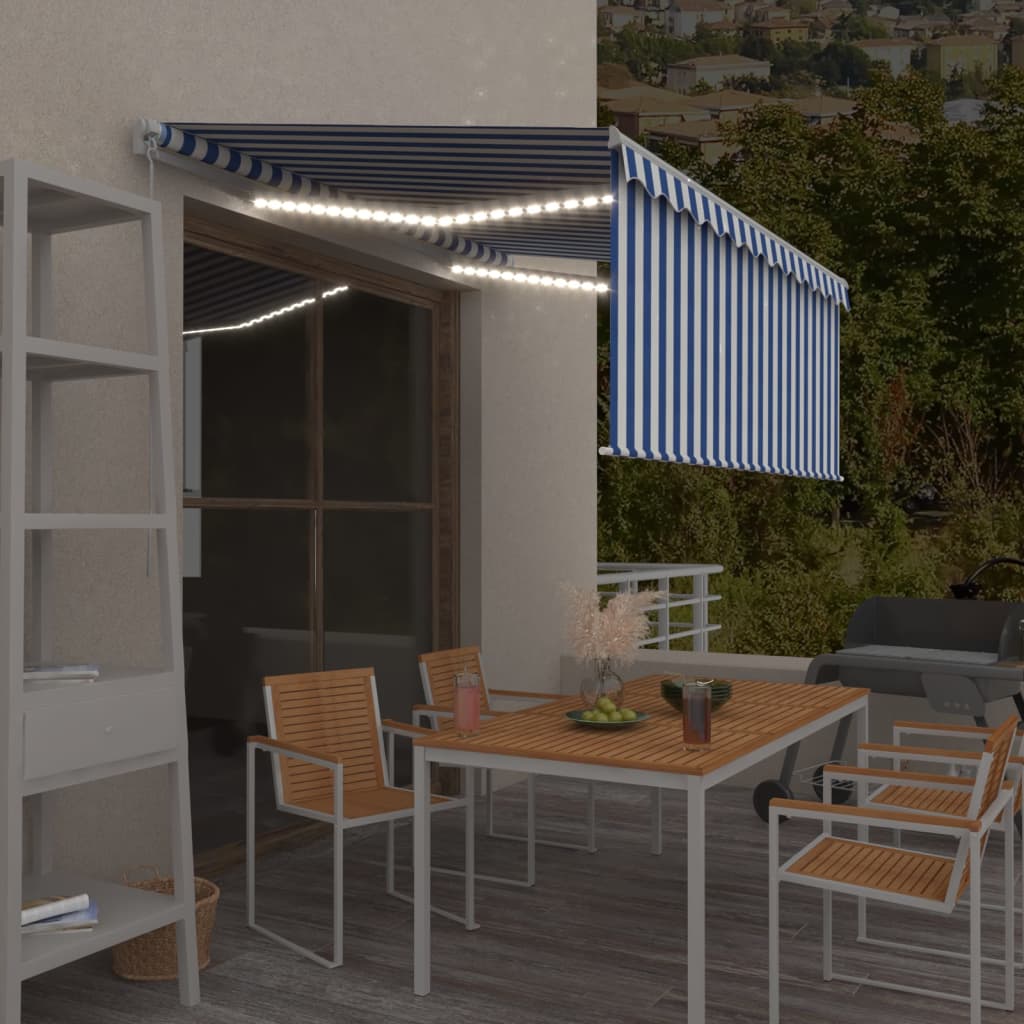 Auvent Manuel Rétractable Et Store Et Led 3X2,5 M Bleu Et Blanc