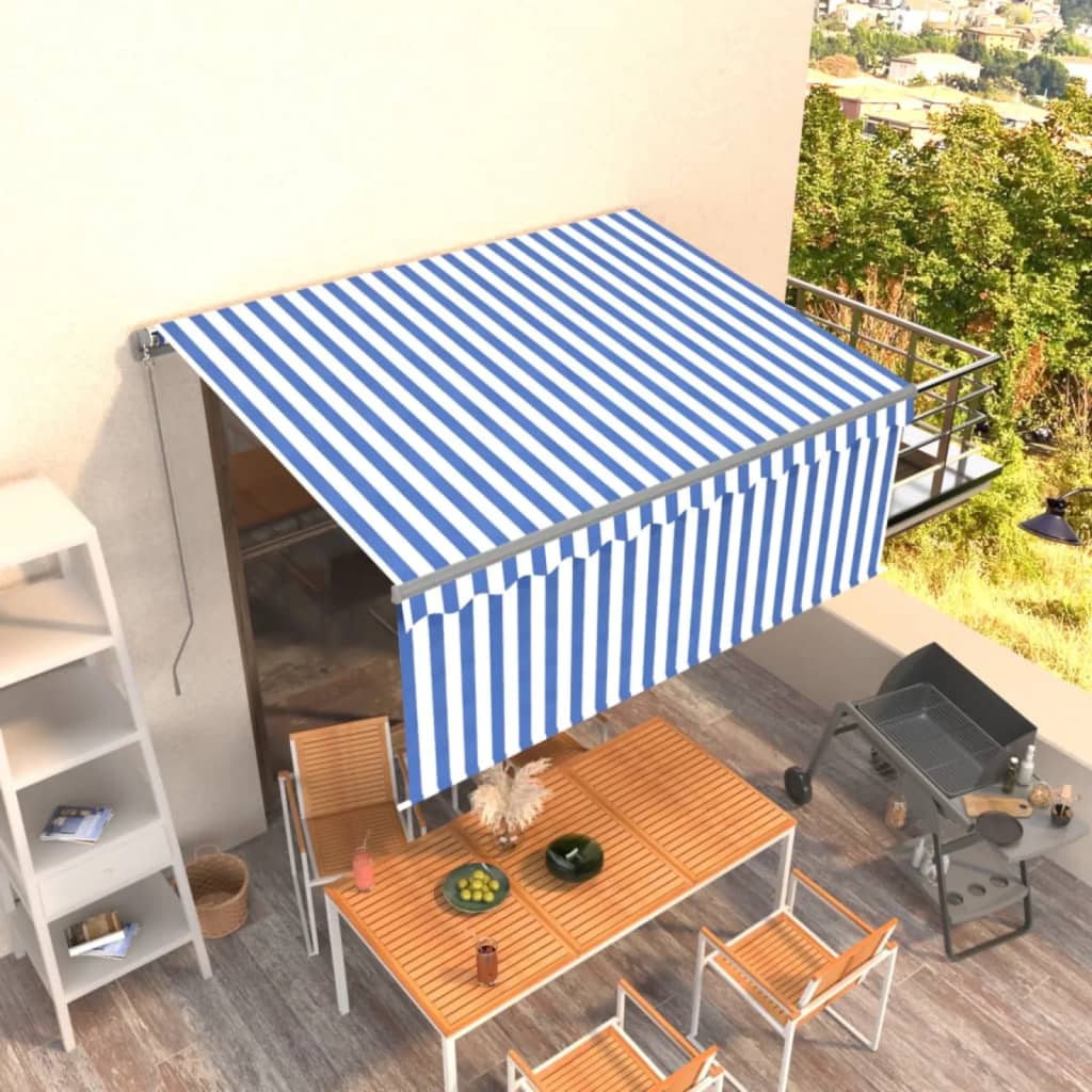 Auvent Manuel Rétractable Avec Store Bleu Et Blanc