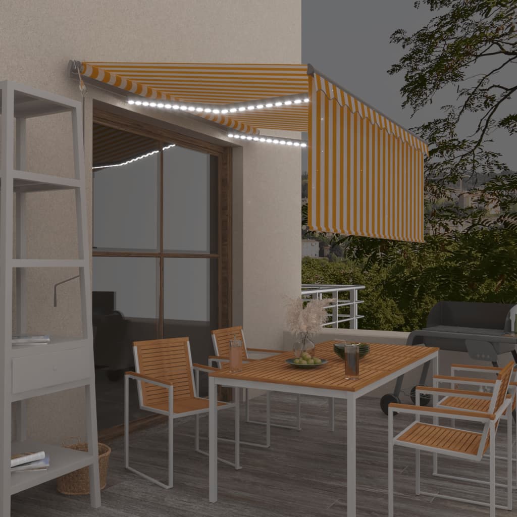 Auvent Automatique Store Capteur De Vent Led 3X2,5M Jaune Blanc Jaune Et Blanc