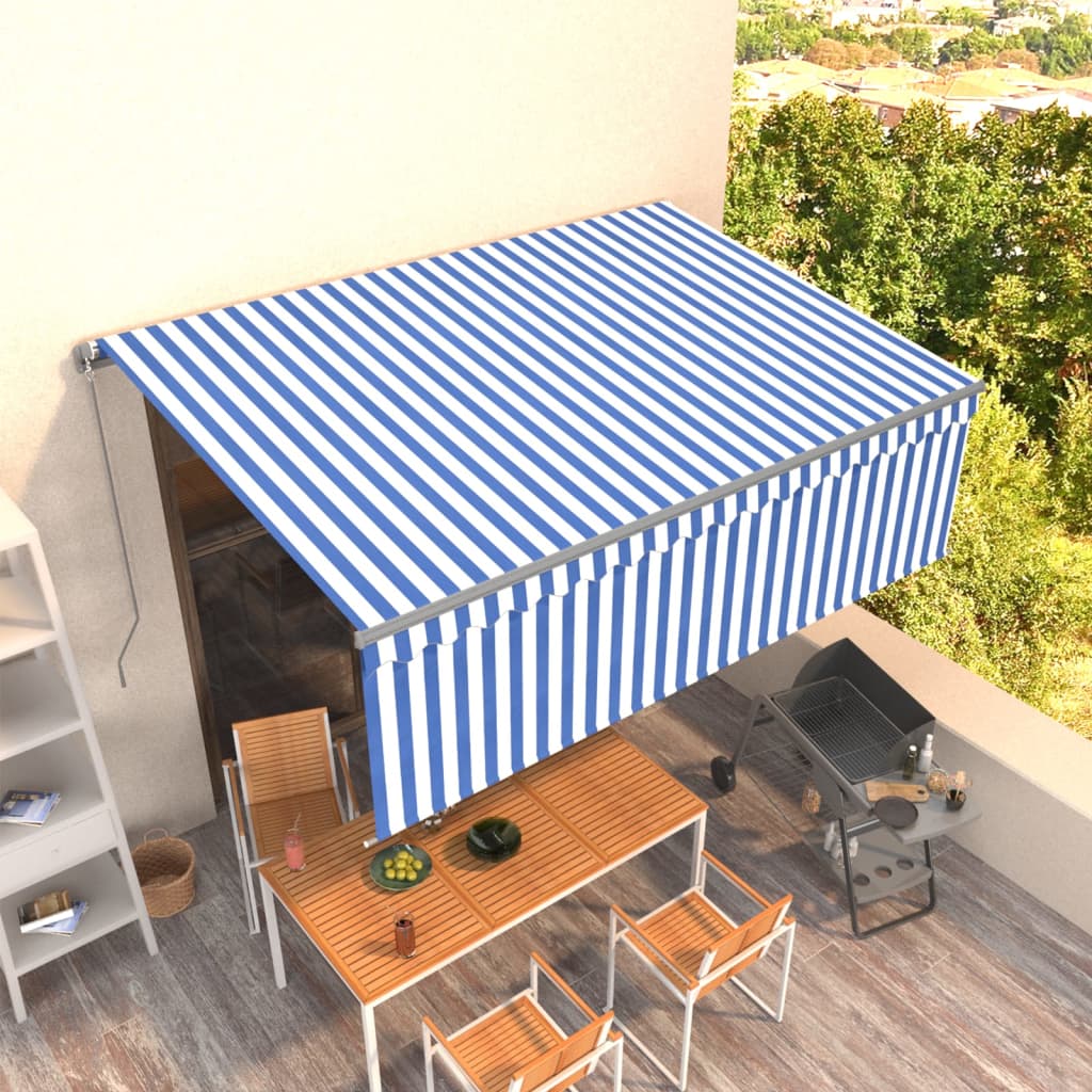 Auvent Manuel Rétractable Avec Store Bleu Et Blanc