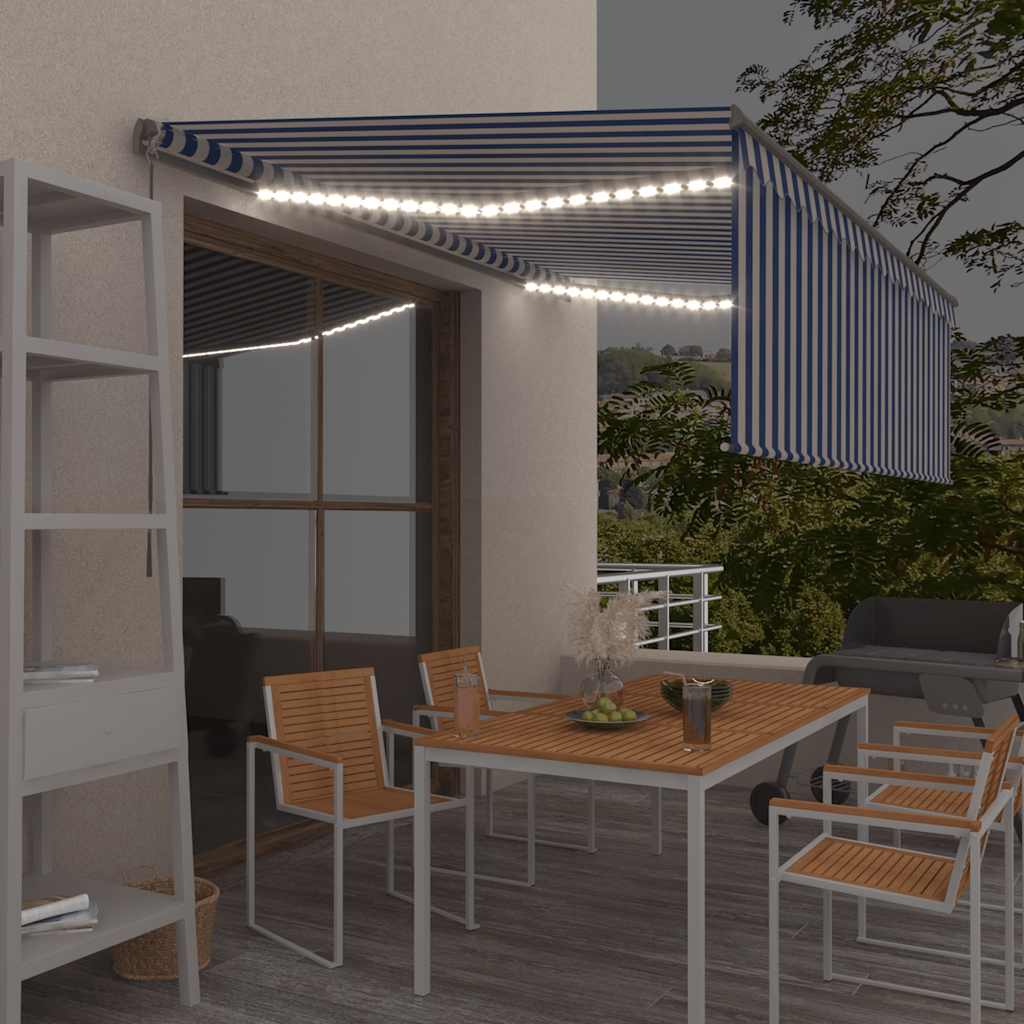 Auvent Manuel Rétractable Et Store Et Led 3X2,5 M Bleu Et Blanc