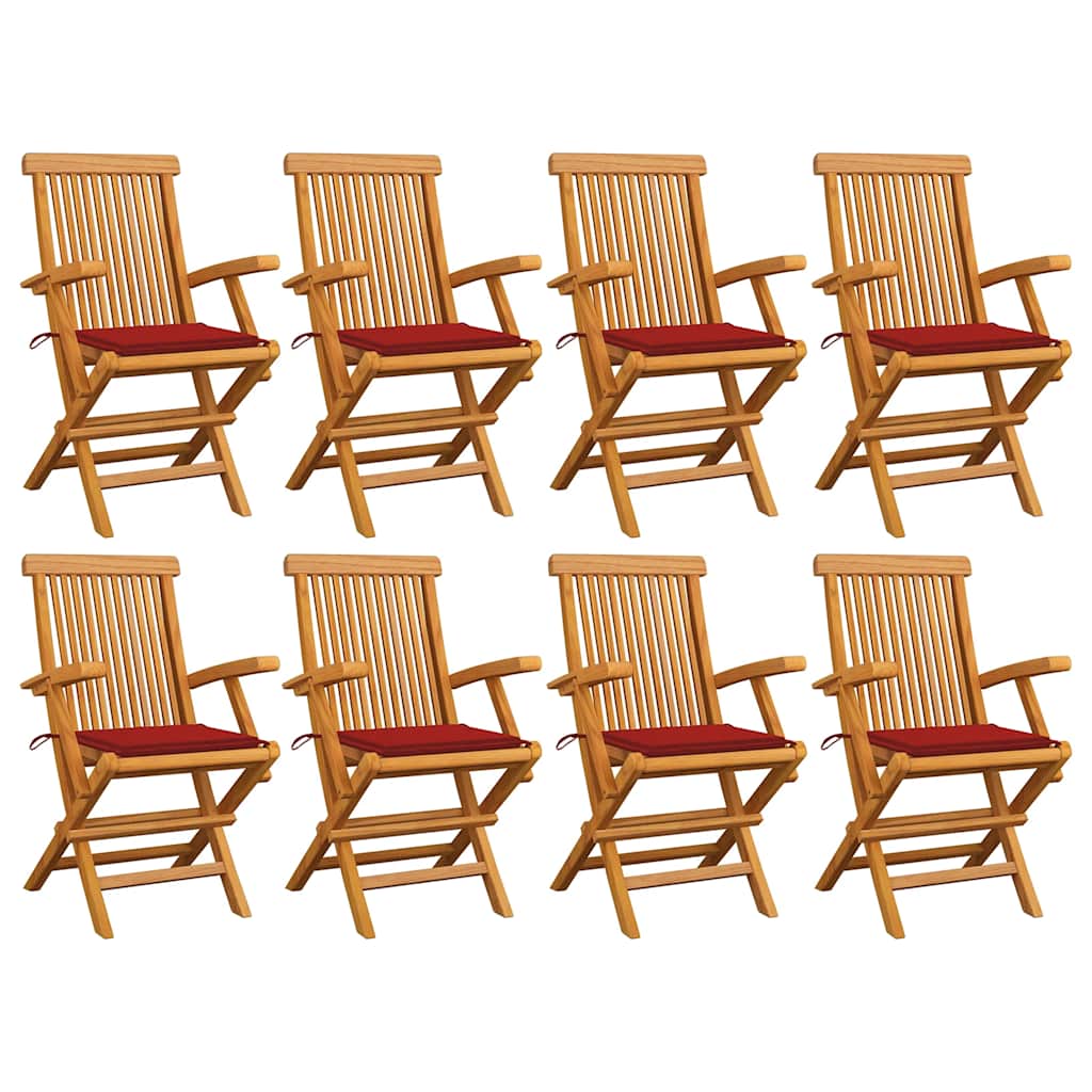 Chaises Pliantes Avec Coussins À Carreaux Rouges (6 Pièces) En Bois De Teck Massif
