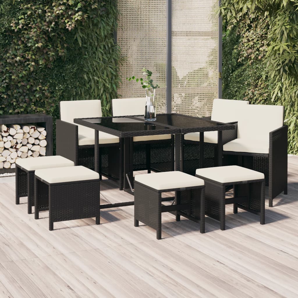Ensemble À Dîner De Jardin Avec Coussins 5 Pcs Poly Rotin Noir Noir Et Blanc Crème