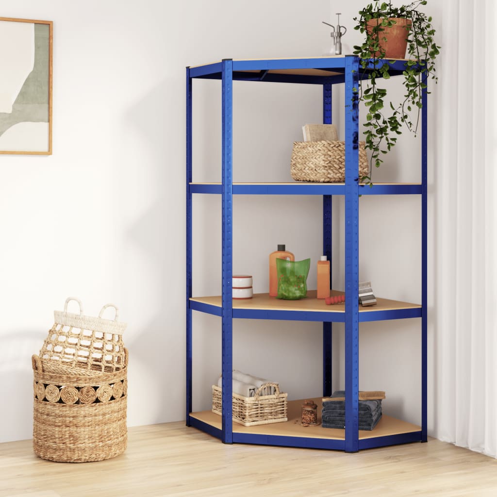 Étagère D'angle À 4 Niveaux Acier Et Bois D'ingénierie Bleu