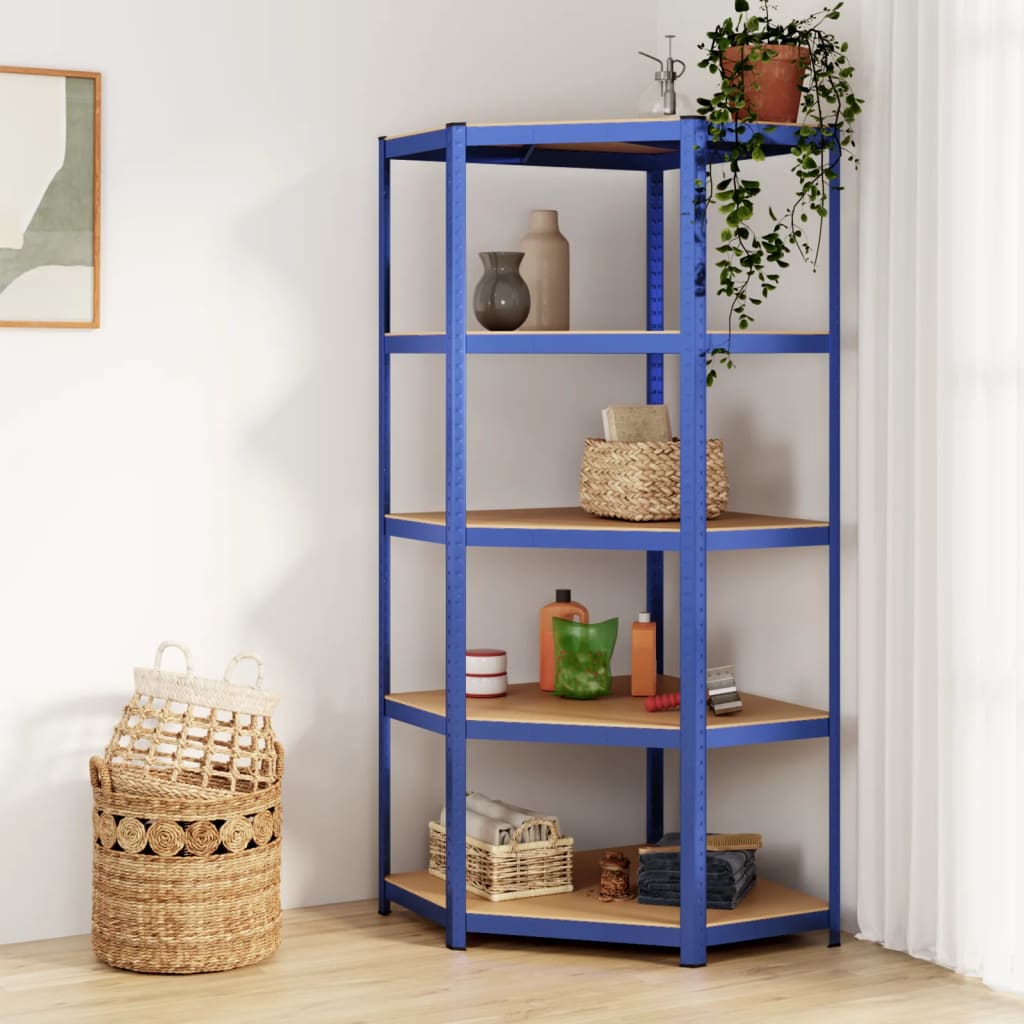 Étagère D'angle À 5 Niveaux Acier Et Bois D'ingénierie Bleu