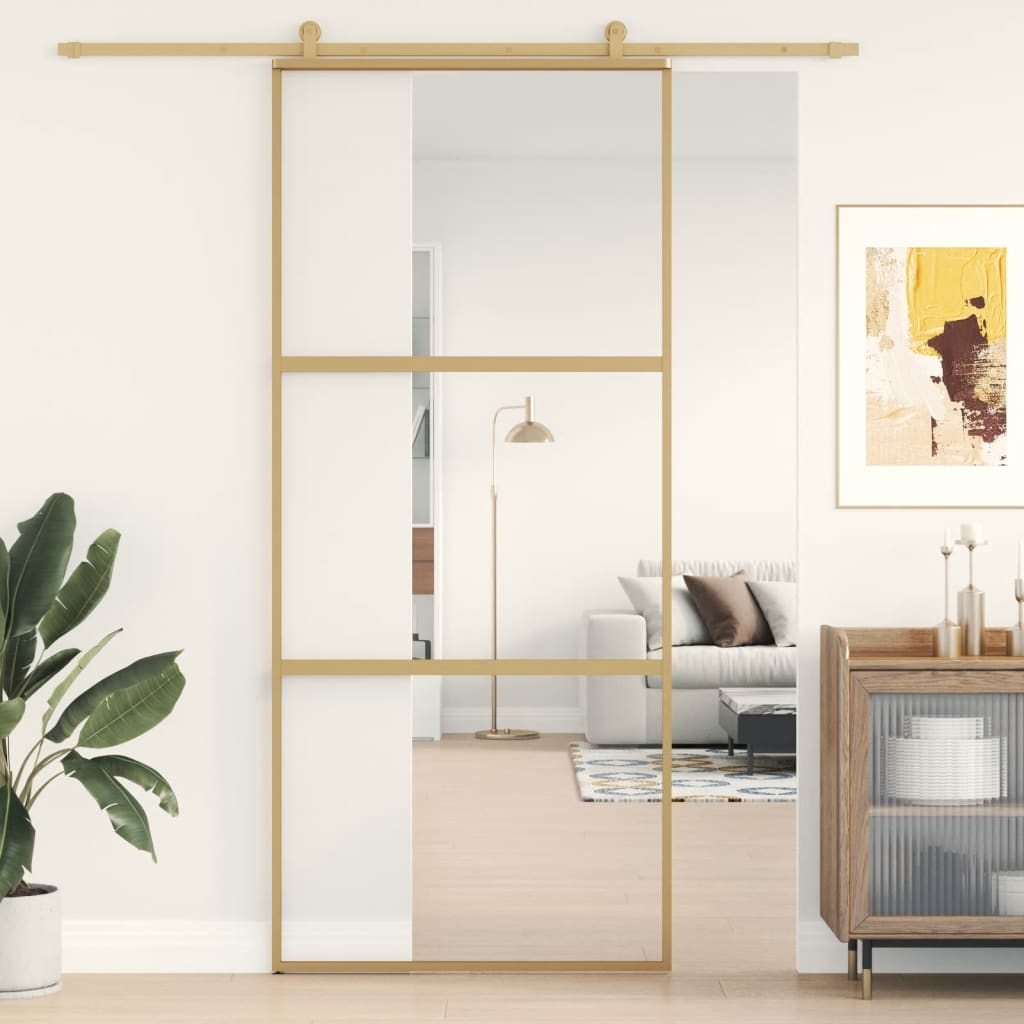 Porte Coulissante Verre Esg Clair Et Aluminium Doré