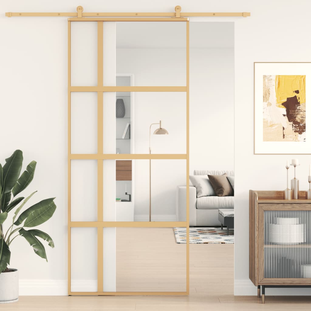 Porte Coulissante 102,5X205 Cm Verre Esg Aluminium Doré