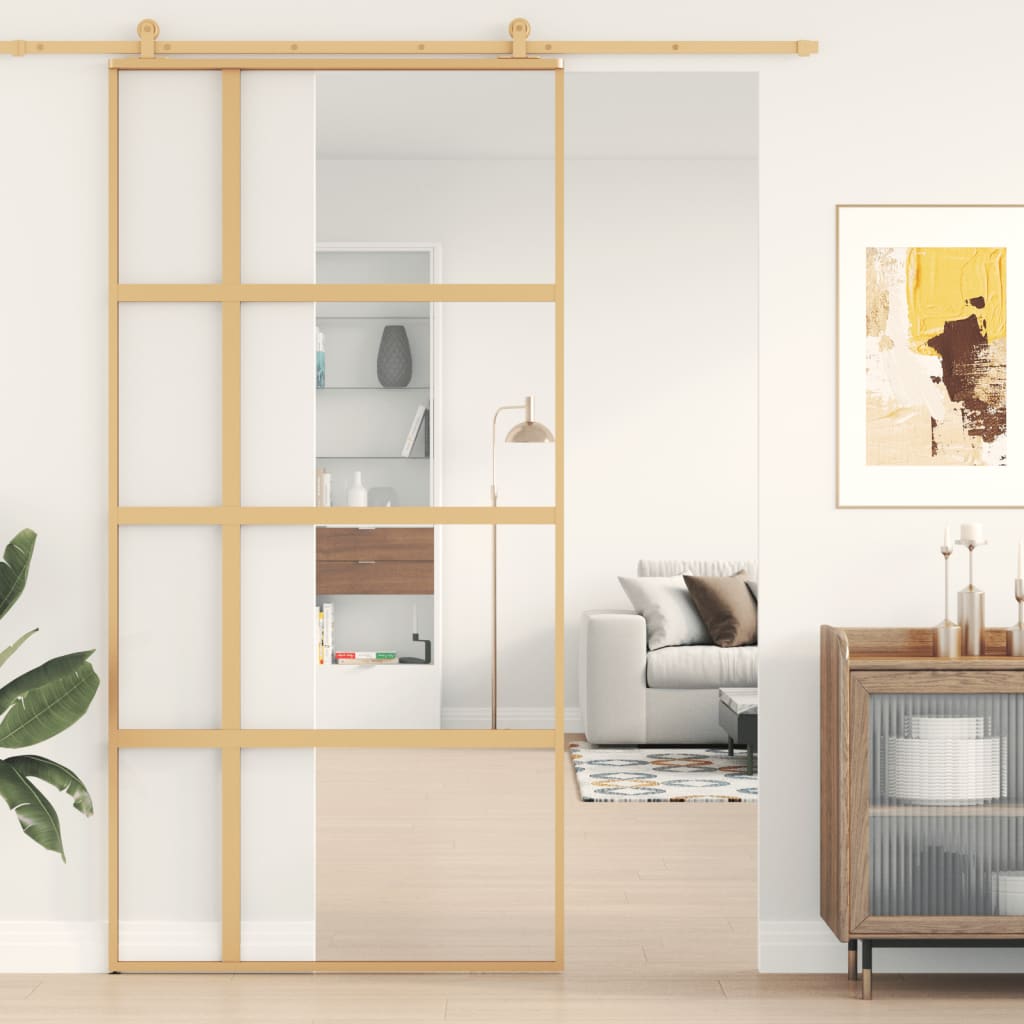 Porte Coulissante 102,5X205 Cm Verre Esg Aluminium Doré