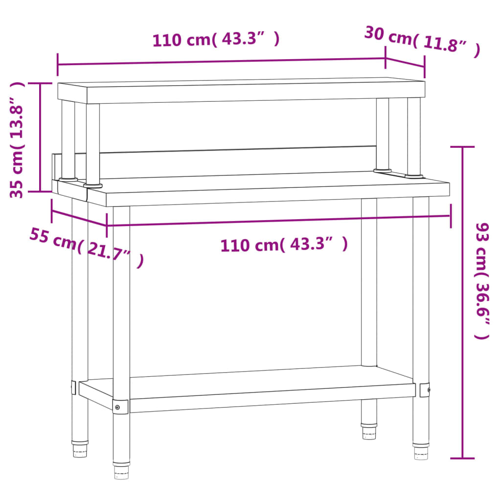 Table De Travail De Cuisine Avec Étagère 110X55X120 Cm Inox