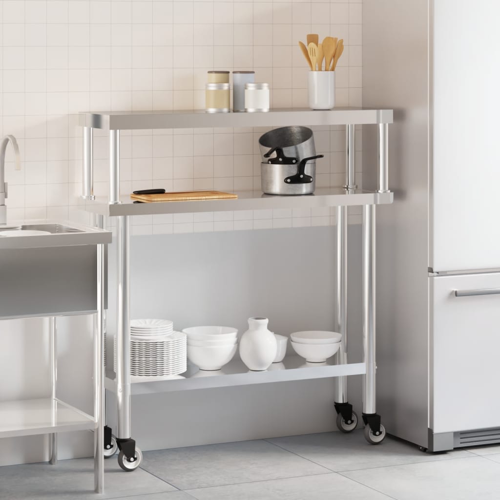 Table De Travail De Cuisine Avec Étagère 110X30X120 Cm Inox