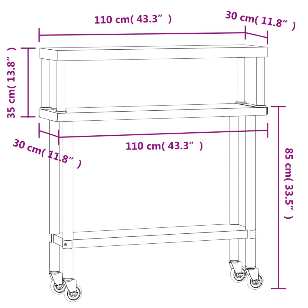 Table De Travail De Cuisine Avec Étagère 110X30X120 Cm Inox