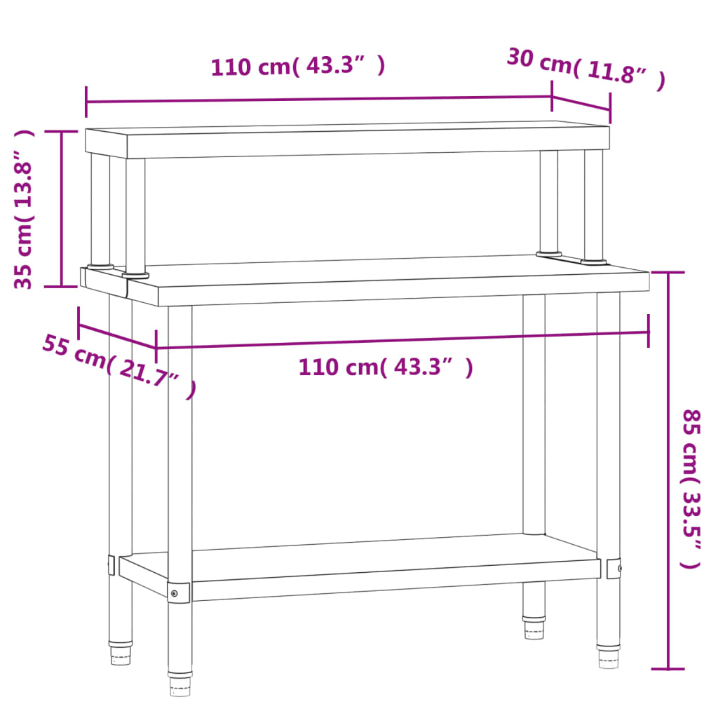 Table De Travail De Cuisine Avec Étagère 110X55X120 Cm Inox