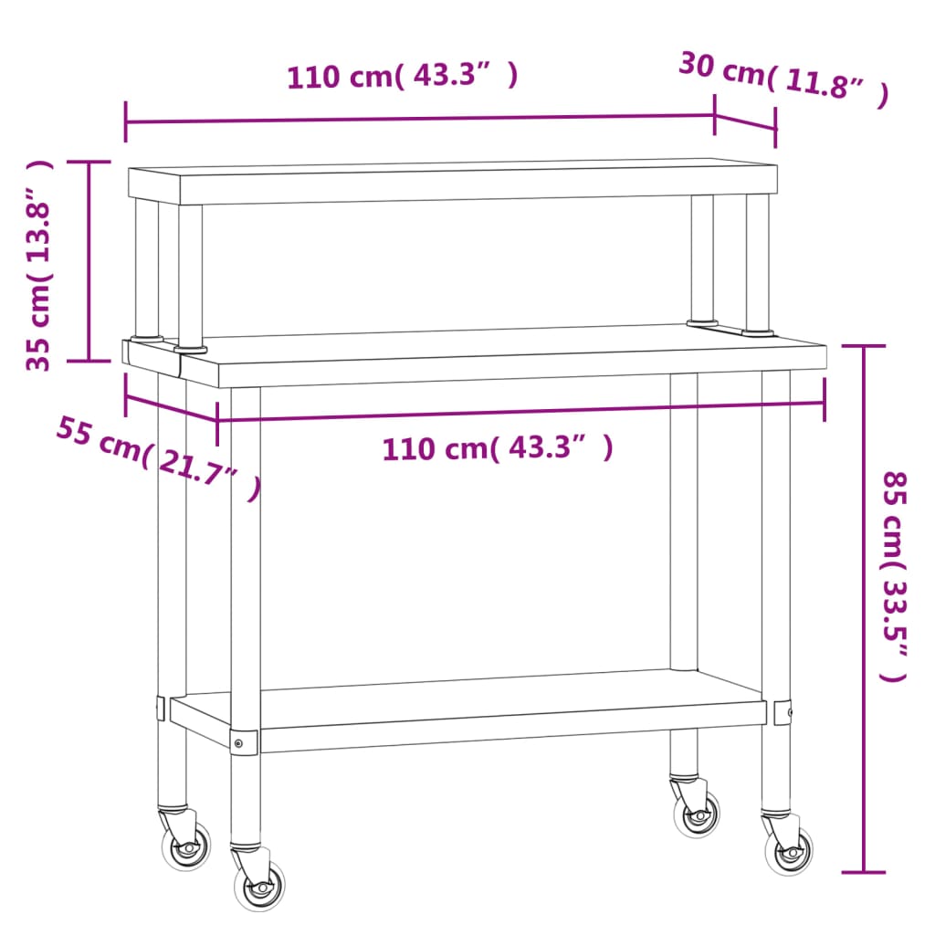 Table De Travail De Cuisine Avec Étagère 110X55X120 Cm Inox