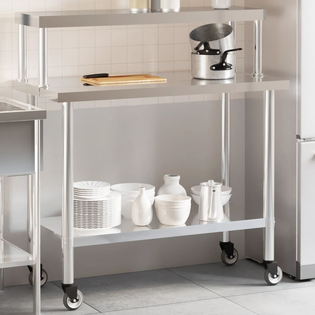 Table De Travail De Cuisine Avec Étagère 110X55X120 Cm Inox