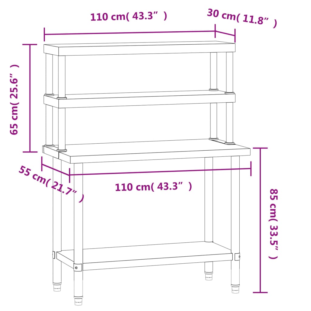 Table De Travail De Cuisine Avec Étagère 110X55X150 Cm Inox